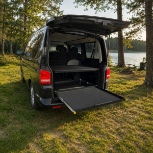 Kofferraumablage 90 cm, Ablage mit Schublade, Ausziehbare Schublade, Kofferraumeinbau, Schlafsystem, Schlafgestell – VW T5, T6, T6.1, T7, Caravelle, Multivan, Transporter