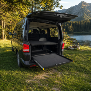 Kofferraumablage 110 cm, Ablage mit Schublade, Ausziehbare Schublade, Kofferraumeinbau, Schlafsystem, Schlafgestell – VW T5, T6, T6.1, T7, Caravelle, Multivan, Transporter