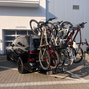 Fahrradträger für 4, 5 oder 6 Fahrräder, 80 kg, 100 kg, 125 kg, 150 kg. Geeignet für große Fahrräder wie Mountainbikes, Mountainbikes und Elektrofahrräder. Passend für BMW X5, X6 und X7.